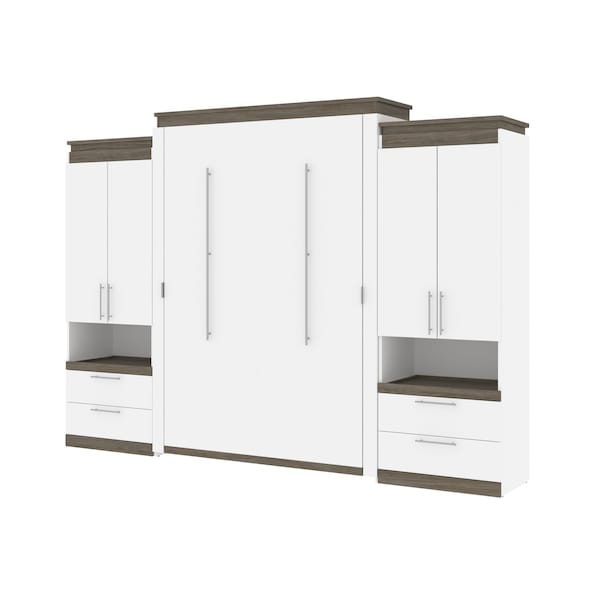 Orion 124W Queen Murphy Bed and 2 Storage Cabinets with Pull-Out Shelves (125W), White & Walnut Grey
